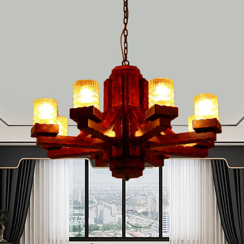 Brown Sputnik Hanging Chandelier Rustic Wood 8 Lights Living Room Ceiling Fixture with Cylinder Dimpled Glass Shade Clearhalo 'Ceiling Lights' 'Chandeliers' Lighting' options 728084