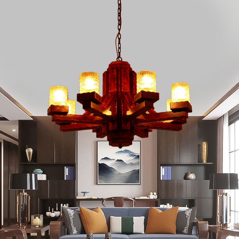 Brown Sputnik Hanging Chandelier Rustic Wood 8 Lights Living Room Ceiling Fixture with Cylinder Dimpled Glass Shade Clearhalo 'Ceiling Lights' 'Chandeliers' Lighting' options 728085