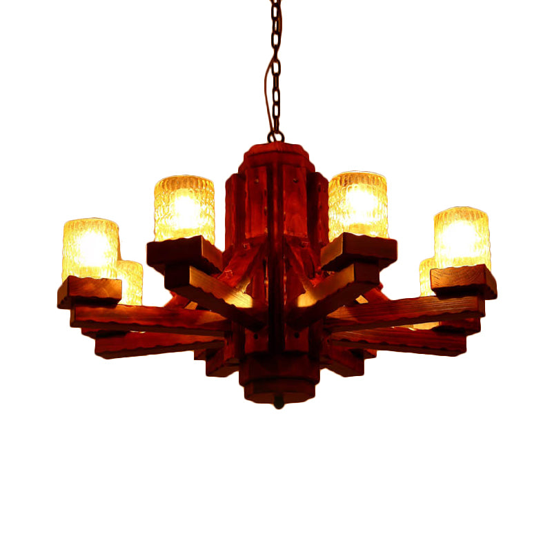 Brown Sputnik Hanging Chandelier Rustic Wood 8 Lights Living Room Ceiling Fixture with Cylinder Dimpled Glass Shade Clearhalo 'Ceiling Lights' 'Chandeliers' Lighting' options 728086