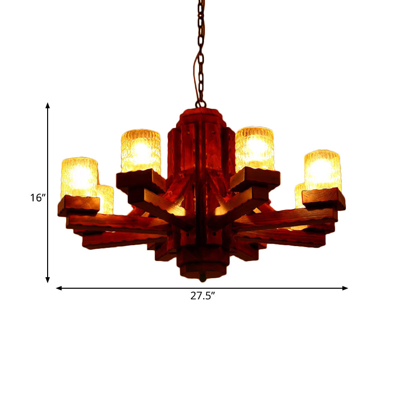 Brown Sputnik Hanging Chandelier Rustic Wood 8 Lights Living Room Ceiling Fixture with Cylinder Dimpled Glass Shade Clearhalo 'Ceiling Lights' 'Chandeliers' Lighting' options 728088