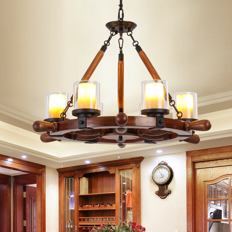 Marble/Clear Glass Brown Chandelier Cylinder 6/8 Lights Traditional Rope Pendant Lamp with Wood Rudder Design Clearhalo 'Ceiling Lights' 'Chandeliers' Lighting' options 728089