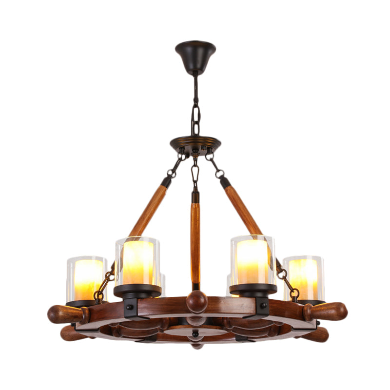 Marble/Clear Glass Brown Chandelier Cylinder 6/8 Lights Traditional Rope Pendant Lamp with Wood Rudder Design Clearhalo 'Ceiling Lights' 'Chandeliers' Lighting' options 728091