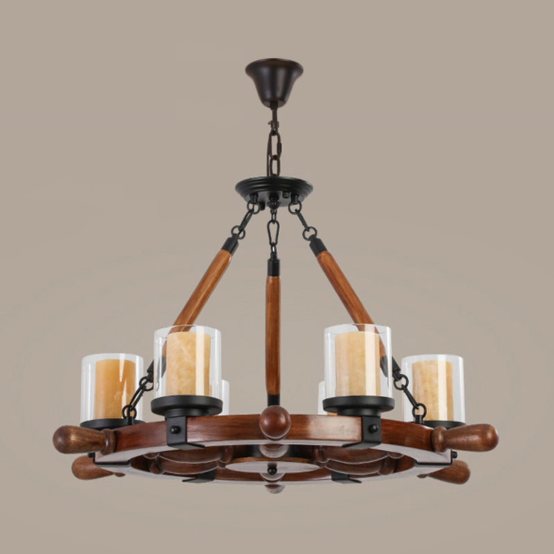 Marble/Clear Glass Brown Chandelier Cylinder 6/8 Lights Traditional Rope Pendant Lamp with Wood Rudder Design Clearhalo 'Ceiling Lights' 'Chandeliers' Lighting' options 728092