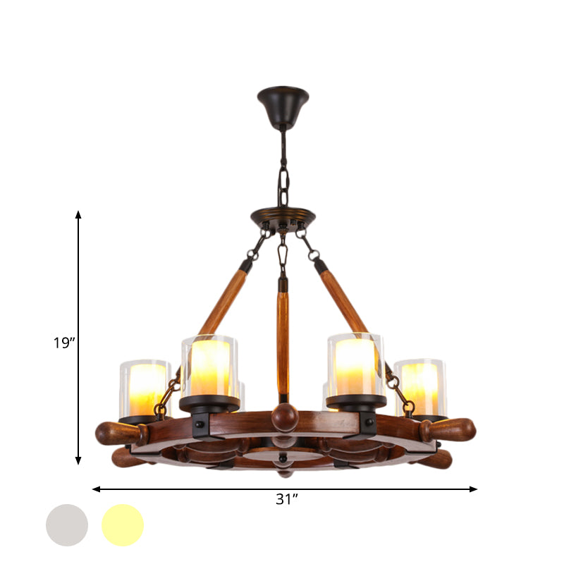 Marble/Clear Glass Brown Chandelier Cylinder 6/8 Lights Traditional Rope Pendant Lamp with Wood Rudder Design Clearhalo 'Ceiling Lights' 'Chandeliers' Lighting' options 728093