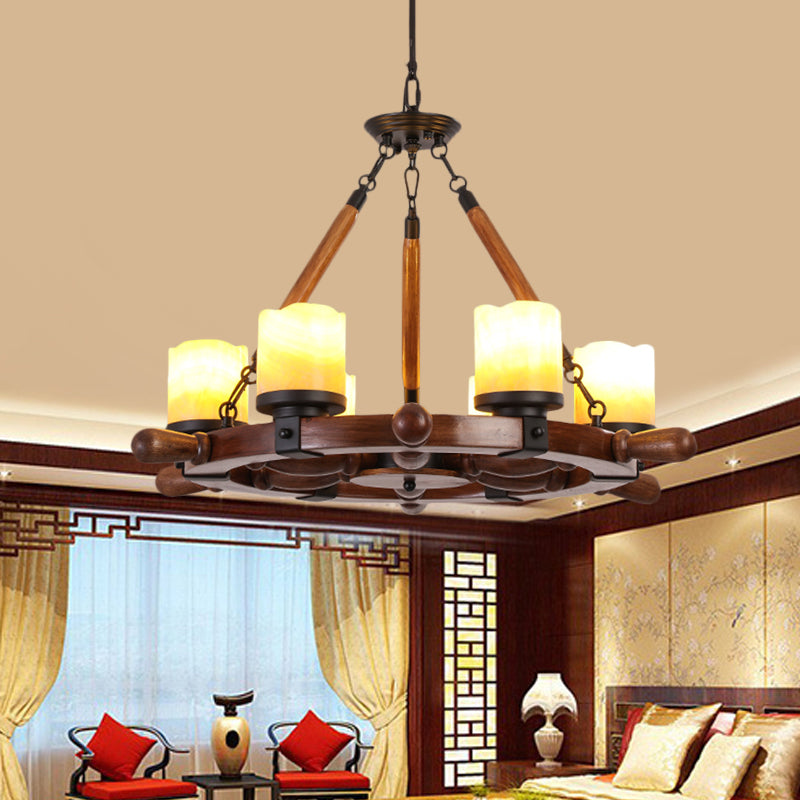 Marble/Clear Glass Brown Chandelier Cylinder 6/8 Lights Traditional Rope Pendant Lamp with Wood Rudder Design Clearhalo 'Ceiling Lights' 'Chandeliers' Lighting' options 728095