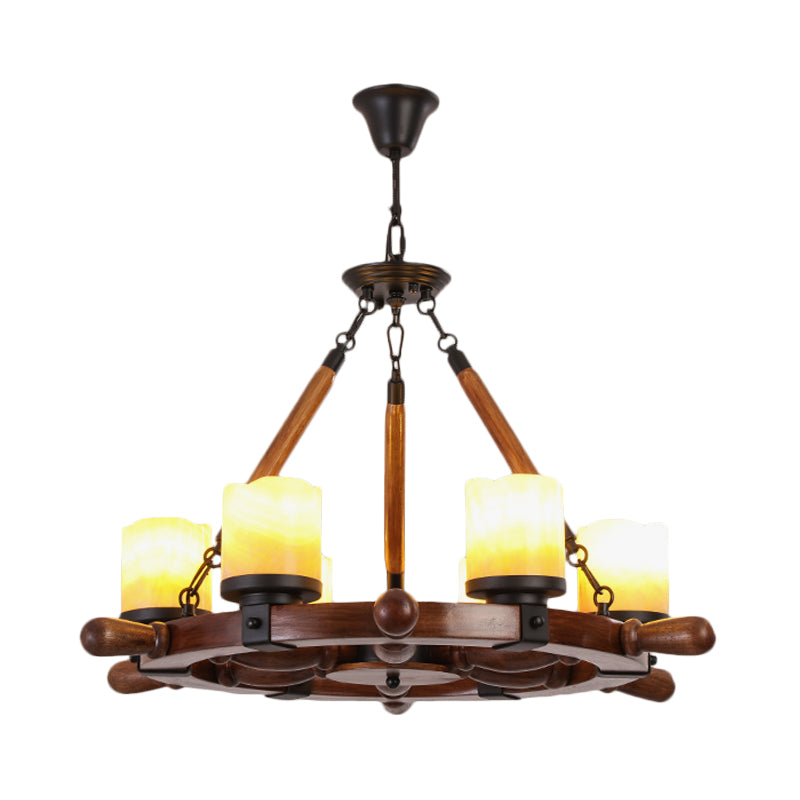 Marble/Clear Glass Brown Chandelier Cylinder 6/8 Lights Traditional Rope Pendant Lamp with Wood Rudder Design Clearhalo 'Ceiling Lights' 'Chandeliers' Lighting' options 728097