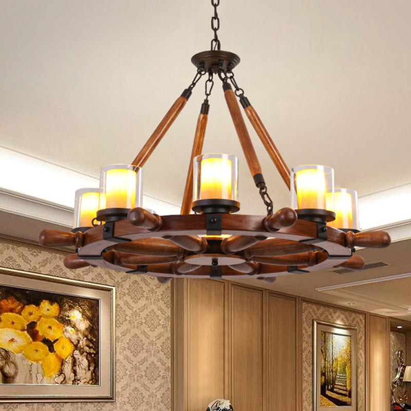 Marble/Clear Glass Brown Chandelier Cylinder 6/8 Lights Traditional Rope Pendant Lamp with Wood Rudder Design 8 Brown A Clearhalo 'Ceiling Lights' 'Chandeliers' Lighting' options 728098_980616d7-918e-4d1f-8cae-dc150d6209e1