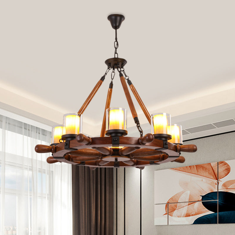 Marble/Clear Glass Brown Chandelier Cylinder 6/8 Lights Traditional Rope Pendant Lamp with Wood Rudder Design Clearhalo 'Ceiling Lights' 'Chandeliers' Lighting' options 728099