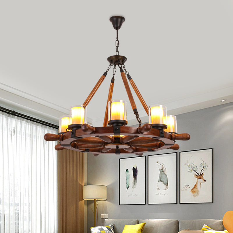 Marble/Clear Glass Brown Chandelier Cylinder 6/8 Lights Traditional Rope Pendant Lamp with Wood Rudder Design Clearhalo 'Ceiling Lights' 'Chandeliers' Lighting' options 728100