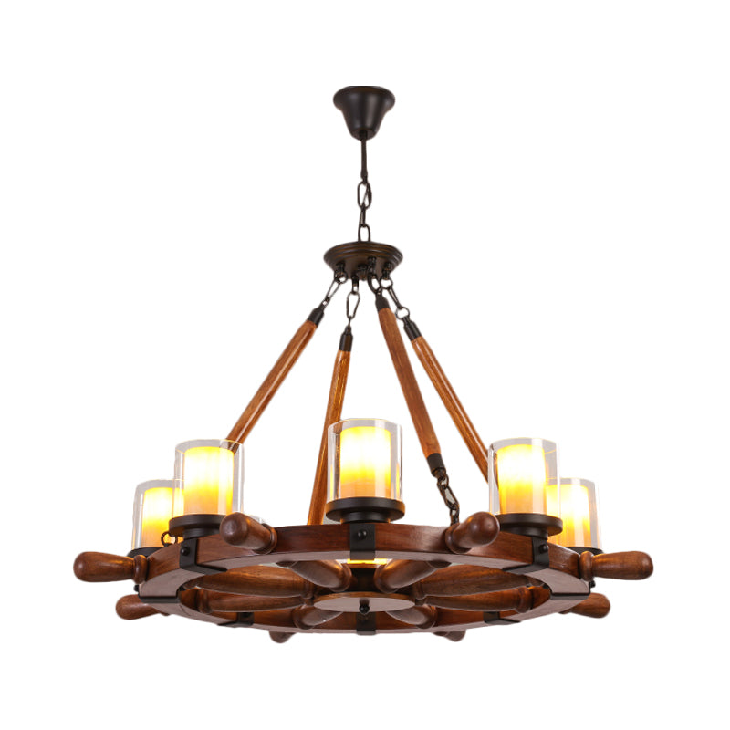 Marble/Clear Glass Brown Chandelier Cylinder 6/8 Lights Traditional Rope Pendant Lamp with Wood Rudder Design Clearhalo 'Ceiling Lights' 'Chandeliers' Lighting' options 728101