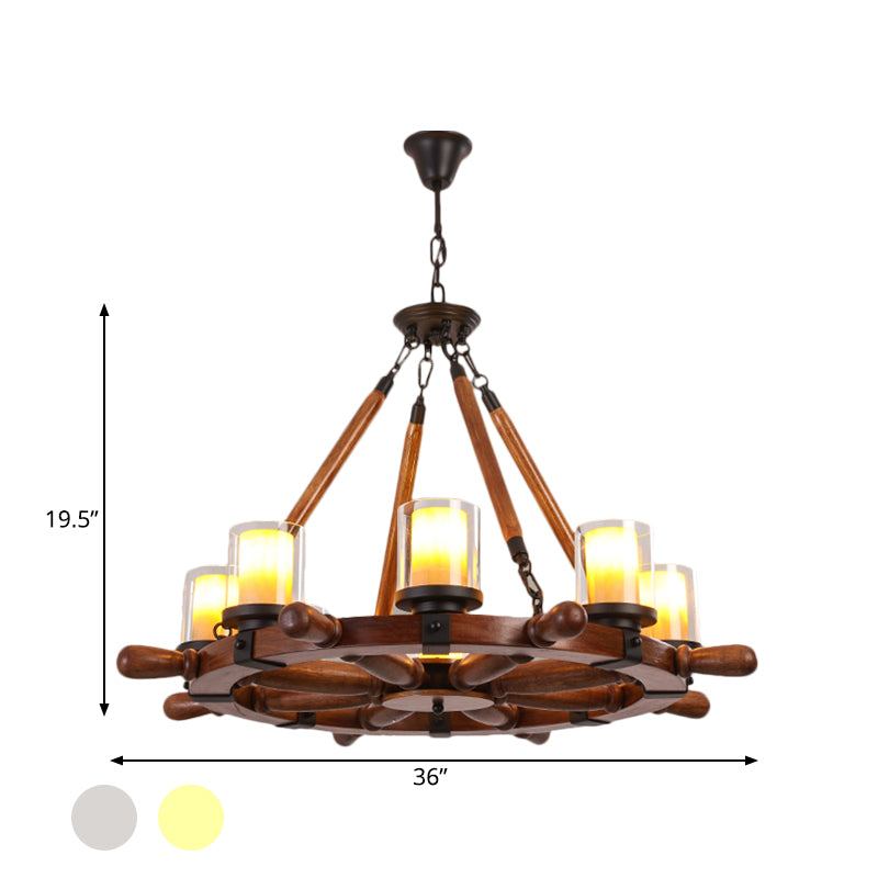 Marble/Clear Glass Brown Chandelier Cylinder 6/8 Lights Traditional Rope Pendant Lamp with Wood Rudder Design Clearhalo 'Ceiling Lights' 'Chandeliers' Lighting' options 728102