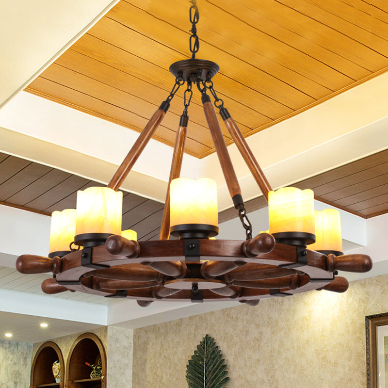 Marble/Clear Glass Brown Chandelier Cylinder 6/8 Lights Traditional Rope Pendant Lamp with Wood Rudder Design Clearhalo 'Ceiling Lights' 'Chandeliers' Lighting' options 728103