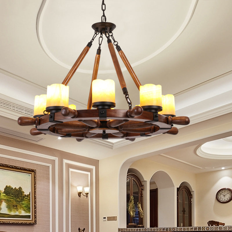 Marble/Clear Glass Brown Chandelier Cylinder 6/8 Lights Traditional Rope Pendant Lamp with Wood Rudder Design Clearhalo 'Ceiling Lights' 'Chandeliers' Lighting' options 728104