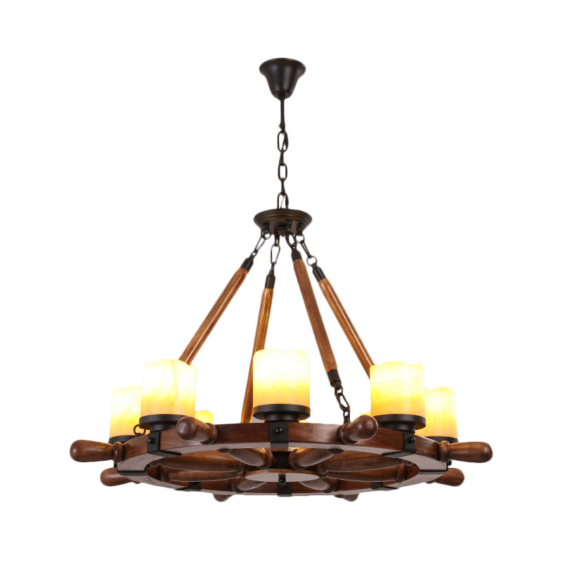 Marble/Clear Glass Brown Chandelier Cylinder 6/8 Lights Traditional Rope Pendant Lamp with Wood Rudder Design Clearhalo 'Ceiling Lights' 'Chandeliers' Lighting' options 728105