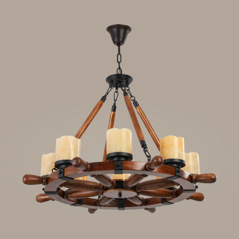 Marble/Clear Glass Brown Chandelier Cylinder 6/8 Lights Traditional Rope Pendant Lamp with Wood Rudder Design Clearhalo 'Ceiling Lights' 'Chandeliers' Lighting' options 728106