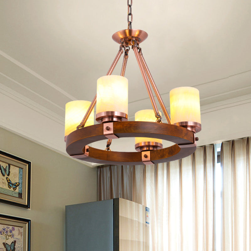 Classic Cylinder Chandelier Light 6/8/10 Heads Marble Ceiling Pendant in Brown with Wood Circular Design Clearhalo 'Ceiling Lights' 'Chandeliers' Lighting' options 728107