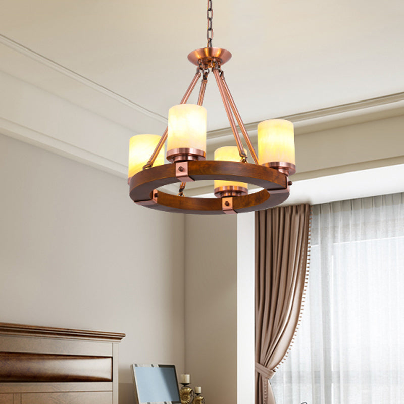 Classic Cylinder Chandelier Light 6/8/10 Heads Marble Ceiling Pendant in Brown with Wood Circular Design Clearhalo 'Ceiling Lights' 'Chandeliers' Lighting' options 728108