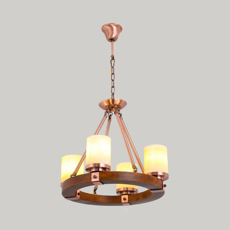 Classic Cylinder Chandelier Light 6/8/10 Heads Marble Ceiling Pendant in Brown with Wood Circular Design Clearhalo 'Ceiling Lights' 'Chandeliers' Lighting' options 728110