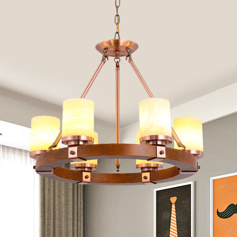 Classic Cylinder Chandelier Light 6/8/10 Heads Marble Ceiling Pendant in Brown with Wood Circular Design Clearhalo 'Ceiling Lights' 'Chandeliers' Lighting' options 728112