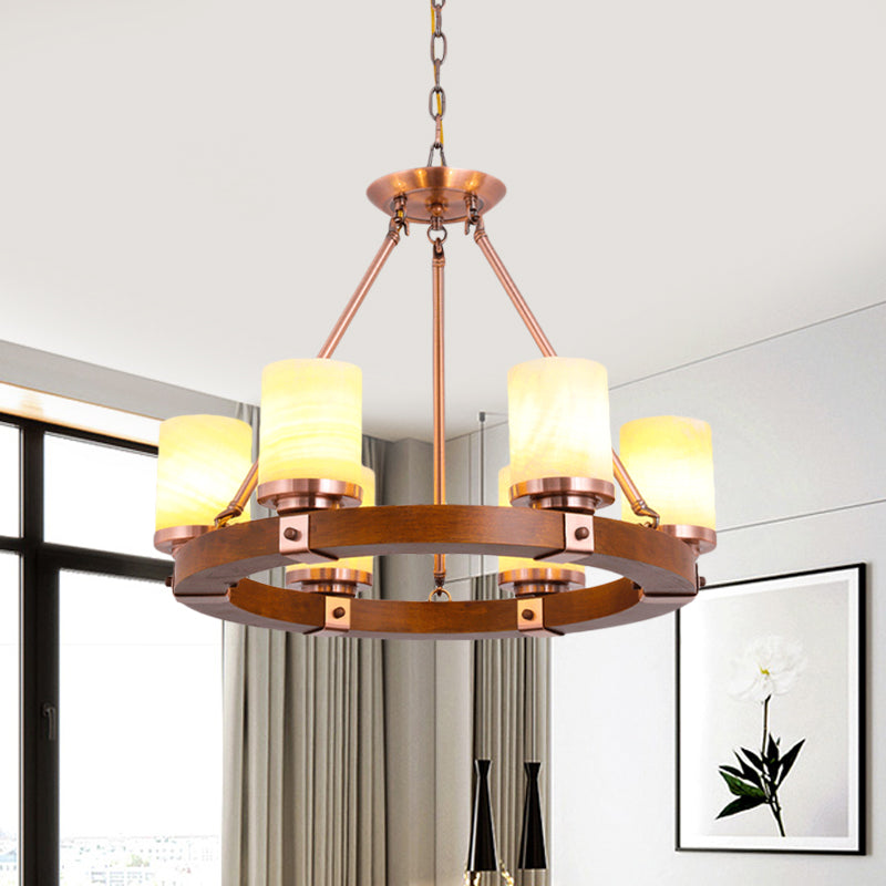 Classic Cylinder Chandelier Light 6/8/10 Heads Marble Ceiling Pendant in Brown with Wood Circular Design Clearhalo 'Ceiling Lights' 'Chandeliers' Lighting' options 728113