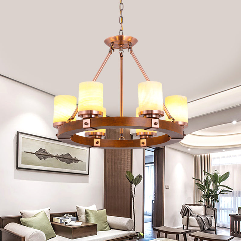 Classic Cylinder Chandelier Light 6/8/10 Heads Marble Ceiling Pendant in Brown with Wood Circular Design Clearhalo 'Ceiling Lights' 'Chandeliers' Lighting' options 728114