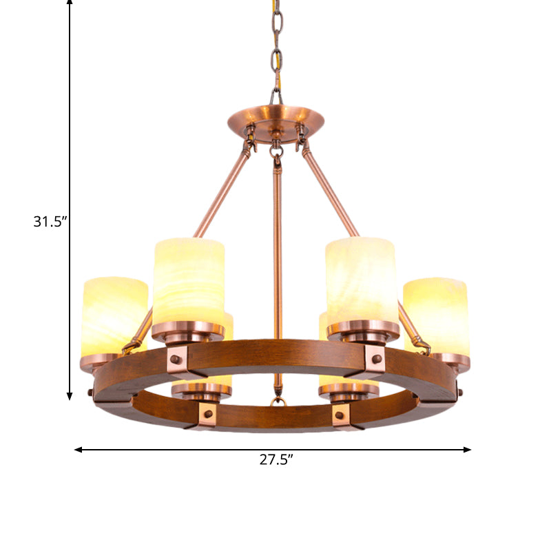 Classic Cylinder Chandelier Light 6/8/10 Heads Marble Ceiling Pendant in Brown with Wood Circular Design Clearhalo 'Ceiling Lights' 'Chandeliers' Lighting' options 728116