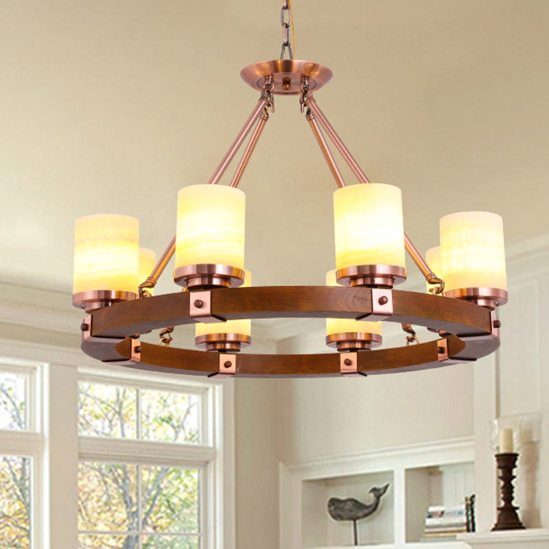 Classic Cylinder Chandelier Light 6/8/10 Heads Marble Ceiling Pendant in Brown with Wood Circular Design Clearhalo 'Ceiling Lights' 'Chandeliers' Lighting' options 728117