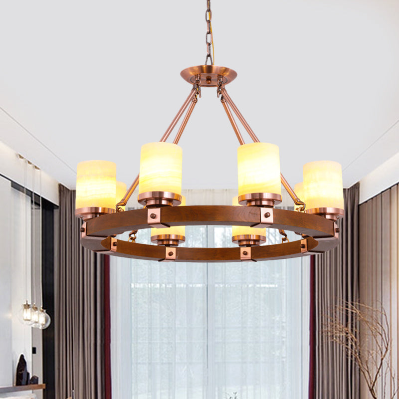 Classic Cylinder Chandelier Light 6/8/10 Heads Marble Ceiling Pendant in Brown with Wood Circular Design Clearhalo 'Ceiling Lights' 'Chandeliers' Lighting' options 728118