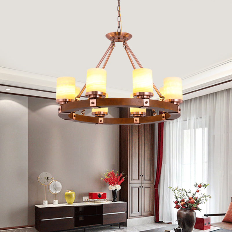 Classic Cylinder Chandelier Light 6/8/10 Heads Marble Ceiling Pendant in Brown with Wood Circular Design Clearhalo 'Ceiling Lights' 'Chandeliers' Lighting' options 728119