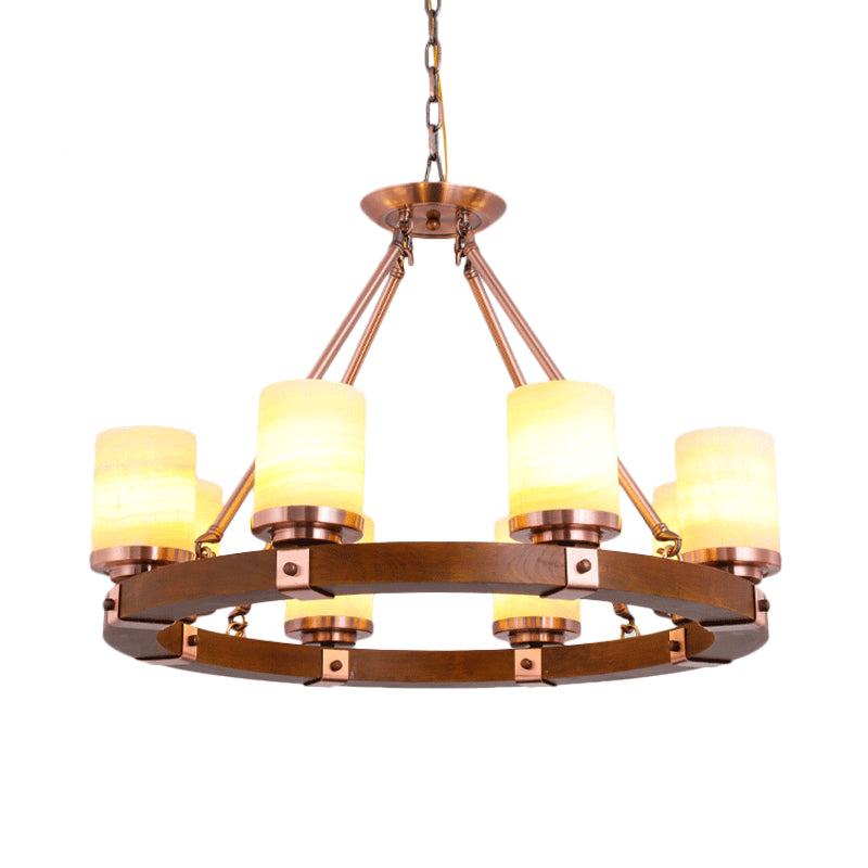 Classic Cylinder Chandelier Light 6/8/10 Heads Marble Ceiling Pendant in Brown with Wood Circular Design Clearhalo 'Ceiling Lights' 'Chandeliers' Lighting' options 728120