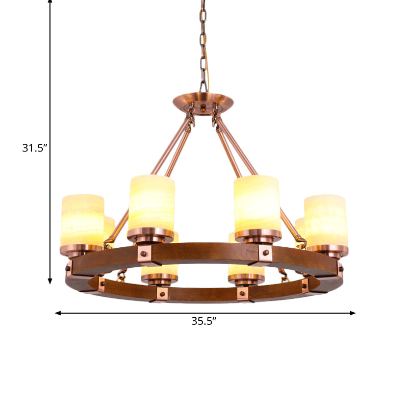 Classic Cylinder Chandelier Light 6/8/10 Heads Marble Ceiling Pendant in Brown with Wood Circular Design Clearhalo 'Ceiling Lights' 'Chandeliers' Lighting' options 728121