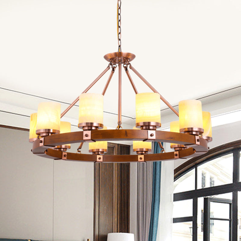 Classic Cylinder Chandelier Light 6/8/10 Heads Marble Ceiling Pendant in Brown with Wood Circular Design Clearhalo 'Ceiling Lights' 'Chandeliers' Lighting' options 728122