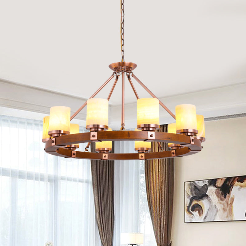 Classic Cylinder Chandelier Light 6/8/10 Heads Marble Ceiling Pendant in Brown with Wood Circular Design Clearhalo 'Ceiling Lights' 'Chandeliers' Lighting' options 728123