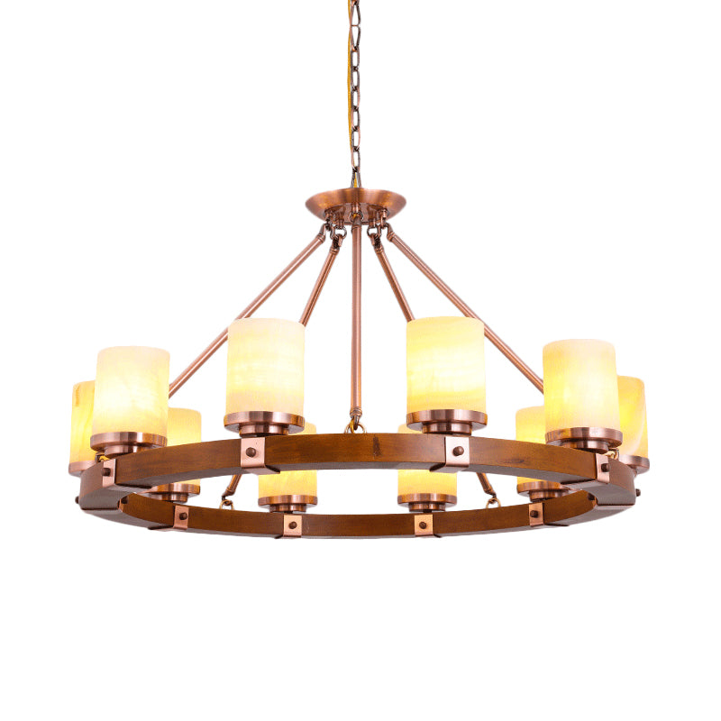 Classic Cylinder Chandelier Light 6/8/10 Heads Marble Ceiling Pendant in Brown with Wood Circular Design Clearhalo 'Ceiling Lights' 'Chandeliers' Lighting' options 728125