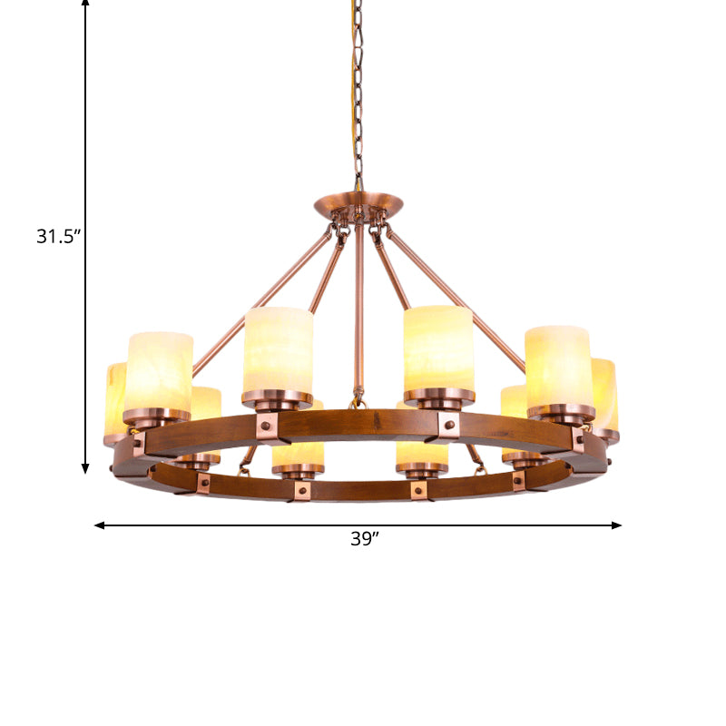 Classic Cylinder Chandelier Light 6/8/10 Heads Marble Ceiling Pendant in Brown with Wood Circular Design Clearhalo 'Ceiling Lights' 'Chandeliers' Lighting' options 728126