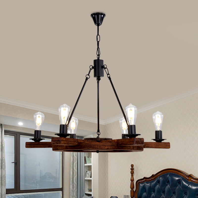 6 Lights Rudder Chandelier Light Fixture Country Brown Wood Ceiling Fixture with Bare Bulb Design for Bedroom Clearhalo 'Ceiling Lights' 'Chandeliers' Lighting' options 728127