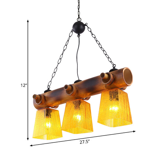 Trapezoid Yellow Water Glass Island Lamp Countryside 3-Bulb Dining Room Pendant Light in Brown with Linear Bamboo Beam Clearhalo 'Ceiling Lights' 'Island Lights' Lighting' 728136