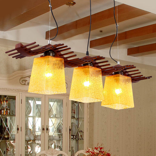 3 Heads Island Light Rustic Dining Room Wood Hanging Lamp with Trapezoid Yellow Crackle Glass Shade in Brown Brown Clearhalo 'Ceiling Lights' 'Island Lights' Lighting' 728137