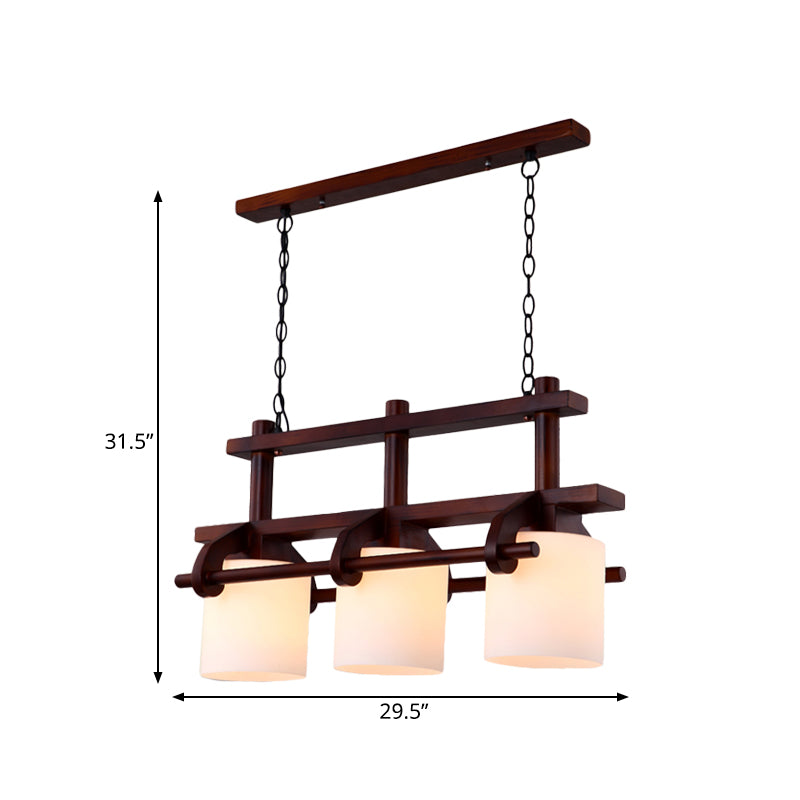 White Glass Cylinder Island Light Rural 2/3 Heads Dining Room Hanging Lamp Kit in Brown with Wood Beam Clearhalo 'Ceiling Lights' 'Island Lights' Lighting' 728146