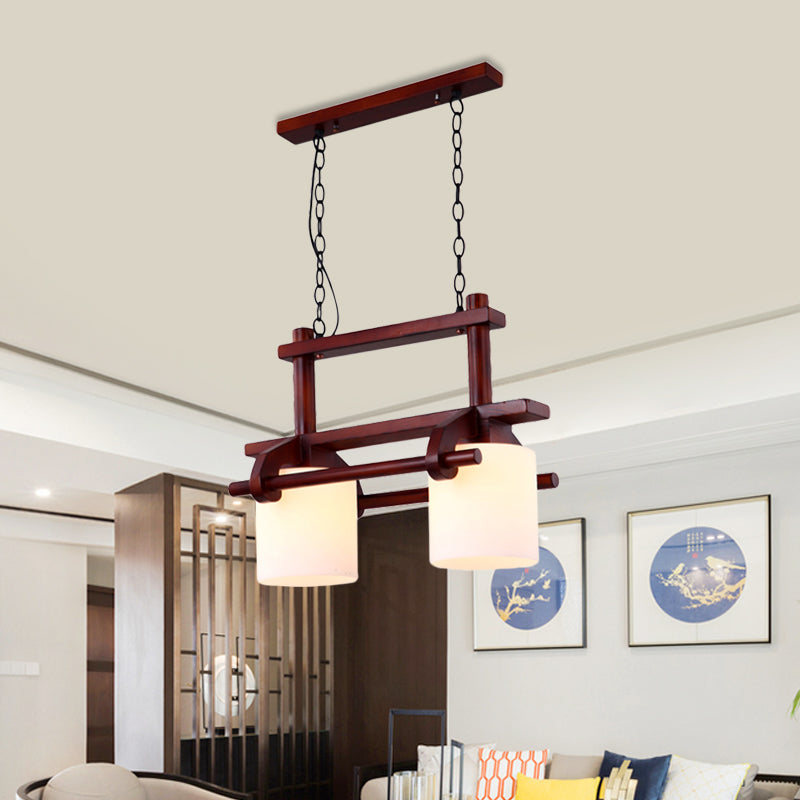 White Glass Cylinder Island Light Rural 2/3 Heads Dining Room Hanging Lamp Kit in Brown with Wood Beam Clearhalo 'Ceiling Lights' 'Island Lights' Lighting' 728148