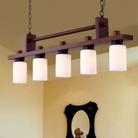 5 Lights Island Pendant Traditional Linear Wood Hanging Light in Brown with Cylinder Opal Glass Shade Brown Clearhalo 'Ceiling Lights' 'Island Lights' Lighting' 728152
