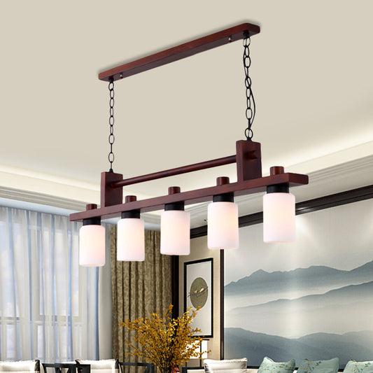 5 Lights Island Pendant Traditional Linear Wood Hanging Light in Brown with Cylinder Opal Glass Shade Clearhalo 'Ceiling Lights' 'Island Lights' Lighting' 728153