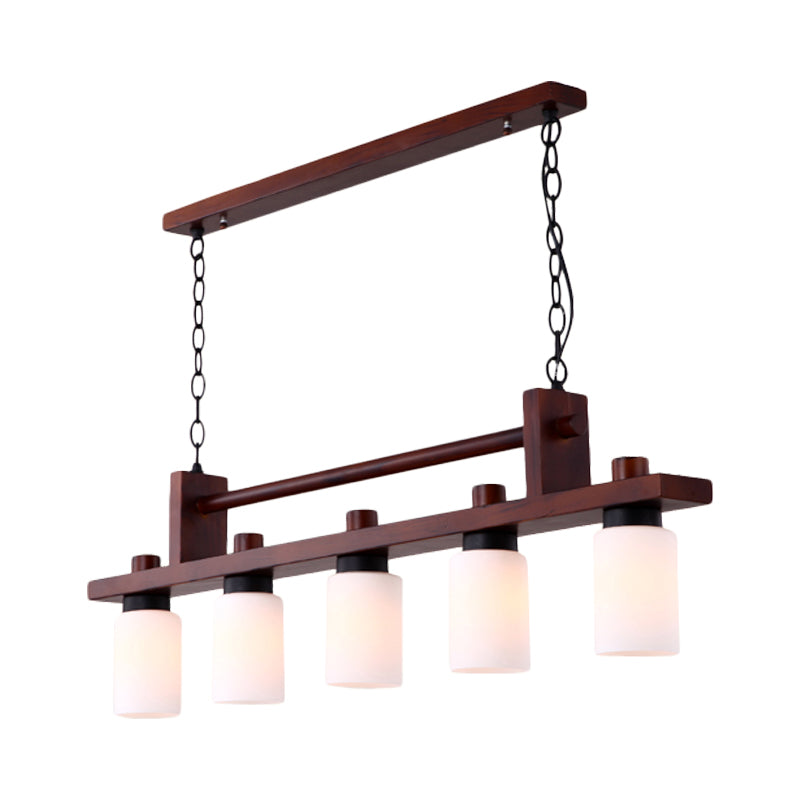 5 Lights Island Pendant Traditional Linear Wood Hanging Light in Brown with Cylinder Opal Glass Shade Clearhalo 'Ceiling Lights' 'Island Lights' Lighting' 728154