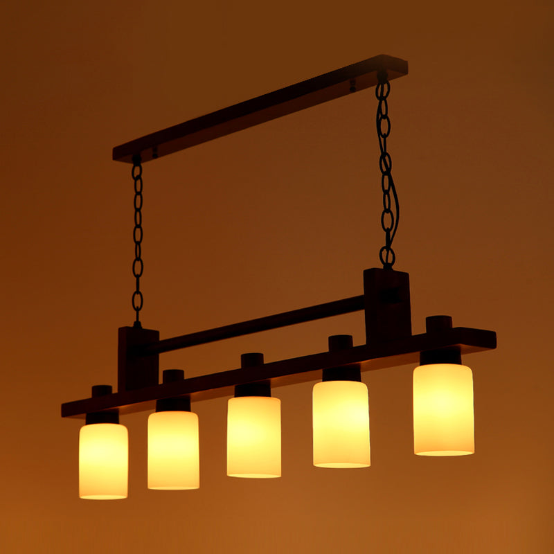 5 Lights Island Pendant Traditional Linear Wood Hanging Light in Brown with Cylinder Opal Glass Shade Clearhalo 'Ceiling Lights' 'Island Lights' Lighting' 728155