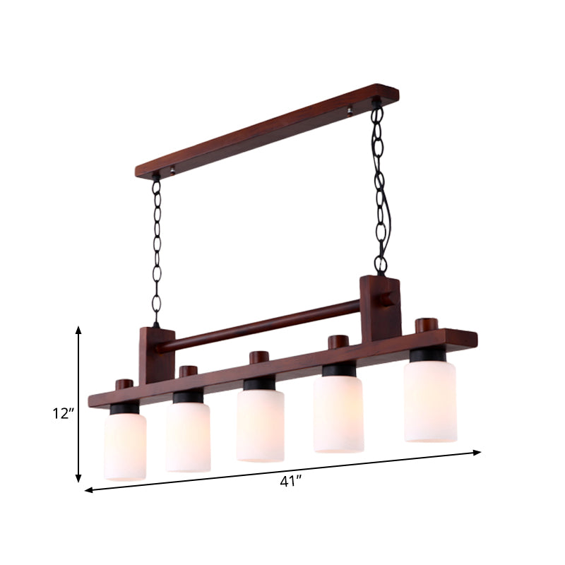 5 Lights Island Pendant Traditional Linear Wood Hanging Light in Brown with Cylinder Opal Glass Shade Clearhalo 'Ceiling Lights' 'Island Lights' Lighting' 728156