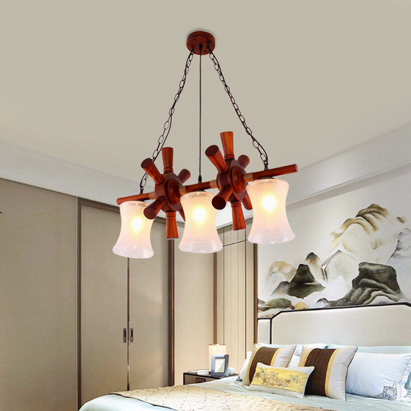 Flared Dining Room Island Lamp Classic Cream Crackle Glass 3-Light Brown Pendant Light Kit with Wood Rudder Deco Clearhalo 'Ceiling Lights' 'Island Lights' Lighting' 728159