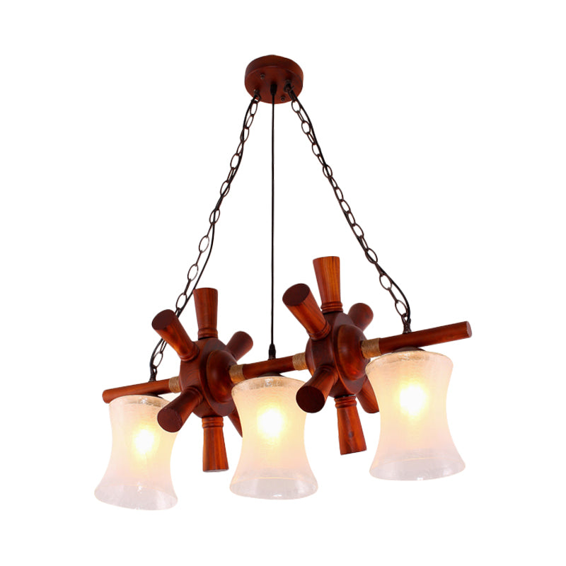 Flared Dining Room Island Lamp Classic Cream Crackle Glass 3-Light Brown Pendant Light Kit with Wood Rudder Deco Clearhalo 'Ceiling Lights' 'Island Lights' Lighting' 728160