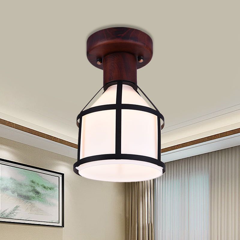 Brown 1 Light Flush Mount Lamp Country Opal Glass Domed Ceiling Light Fixture with Cage Brown Clearhalo 'Ceiling Lights' 'Close To Ceiling Lights' 'Close to ceiling' 'Flush mount' Lighting' 728162