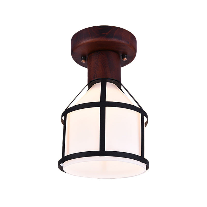 Brown 1 Light Flush Mount Lamp Country Opal Glass Domed Ceiling Light Fixture with Cage Clearhalo 'Ceiling Lights' 'Close To Ceiling Lights' 'Close to ceiling' 'Flush mount' Lighting' 728164