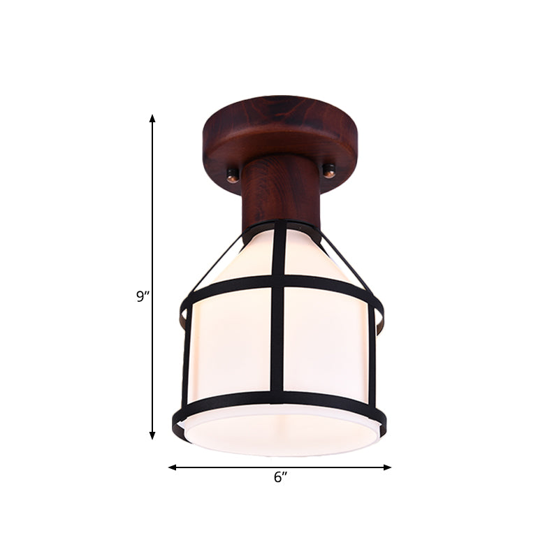 Brown 1 Light Flush Mount Lamp Country Opal Glass Domed Ceiling Light Fixture with Cage Clearhalo 'Ceiling Lights' 'Close To Ceiling Lights' 'Close to ceiling' 'Flush mount' Lighting' 728166